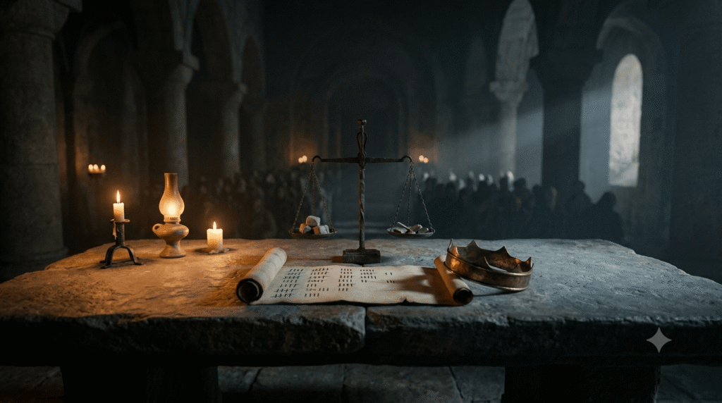 An ancient stone table illuminated by candlelight and morning dawn, holding a bronze crown, an iron balance scale, and a scroll with tally marks in a dark hall.