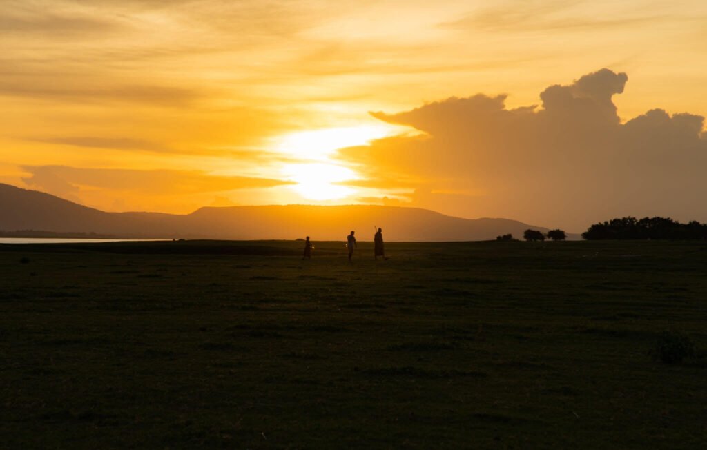 Two silhouettes standing on a wet muddy field at dusk under a hazy low horizon sky.