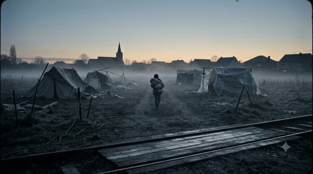 A wide cinematic photograph of a desolate open lot during a cold pre-dawn hour. A lone figure, seen from behind, walks away from the viewer down a dirt path between collapsed shelters, cradling a small bundle against their chest. Empty railroad tracks are in the foreground, and a town silhouette is on the misty horizon under a faint amber glow.