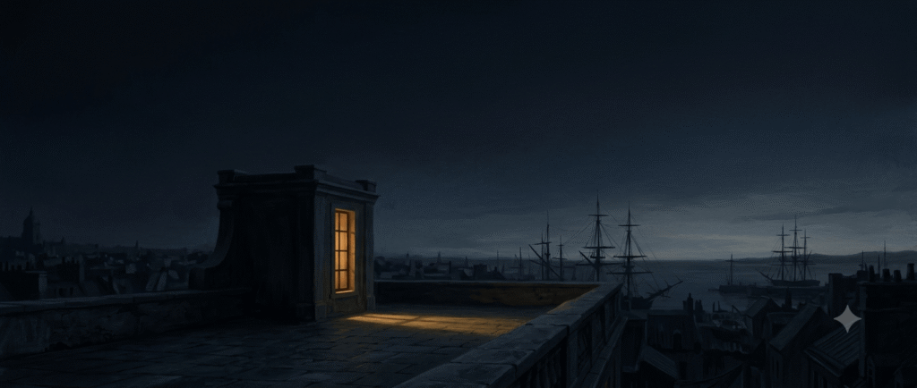 A high stone rooftop terrace at night with a single glowing amber window overlooking a dark harbor with tall sailing ship masts under a pre-dawn sky.