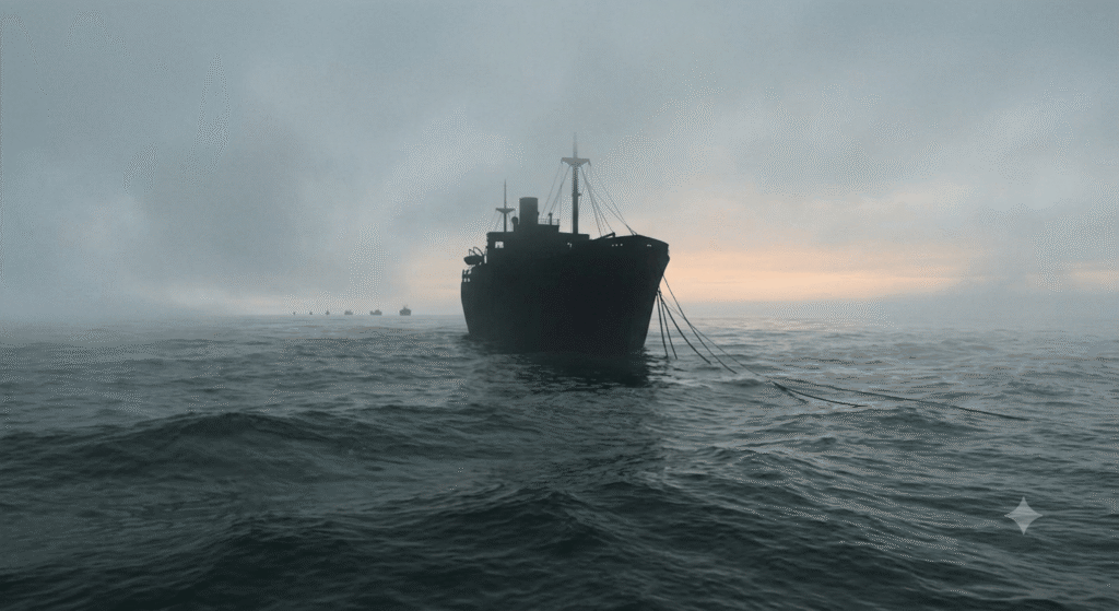 Silhouetted cargo ship hove to in freezing ocean during Convoy SC 121 as remaining merchant fleet sails away into foggy dawn
