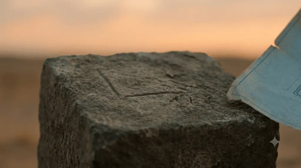 A detailed close-up shot of a rough-textured cornerstone with a single L-shaped engraved line in a vast desert landscape at sunset, with an architectural blueprint corner visible.
