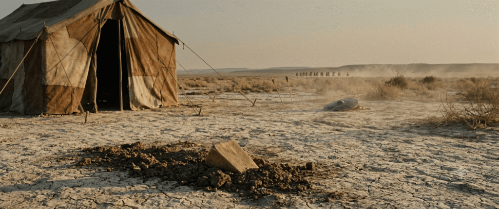 A weathered ancient Roman tent on a dusty Mesopotamian plain with a rough wedge of gold half-buried in disturbed soil in the foreground.