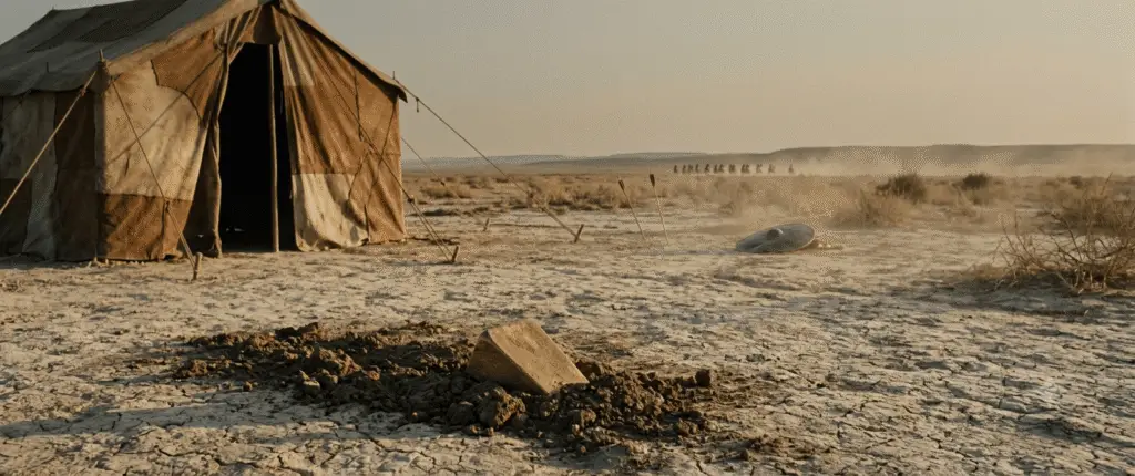 A weathered ancient Roman tent on a dusty Mesopotamian plain with a rough wedge of gold half-buried in disturbed soil in the foreground.
