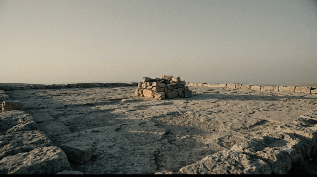 An empty ancient stone threshing floor with a rough stone heap, symbolizing David's sacrifice and legacy in 2 Samuel