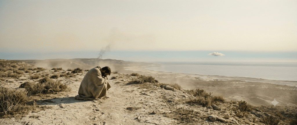 A bearded man in a rough cloak crouches head bowed on a dry limestone ridge overlooking the sea, with a tiny cloud on the horizon during a drought.