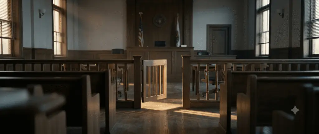 An empty small-town American courtroom with an open wooden gate lit by warm afternoon sunlight through tall windows.