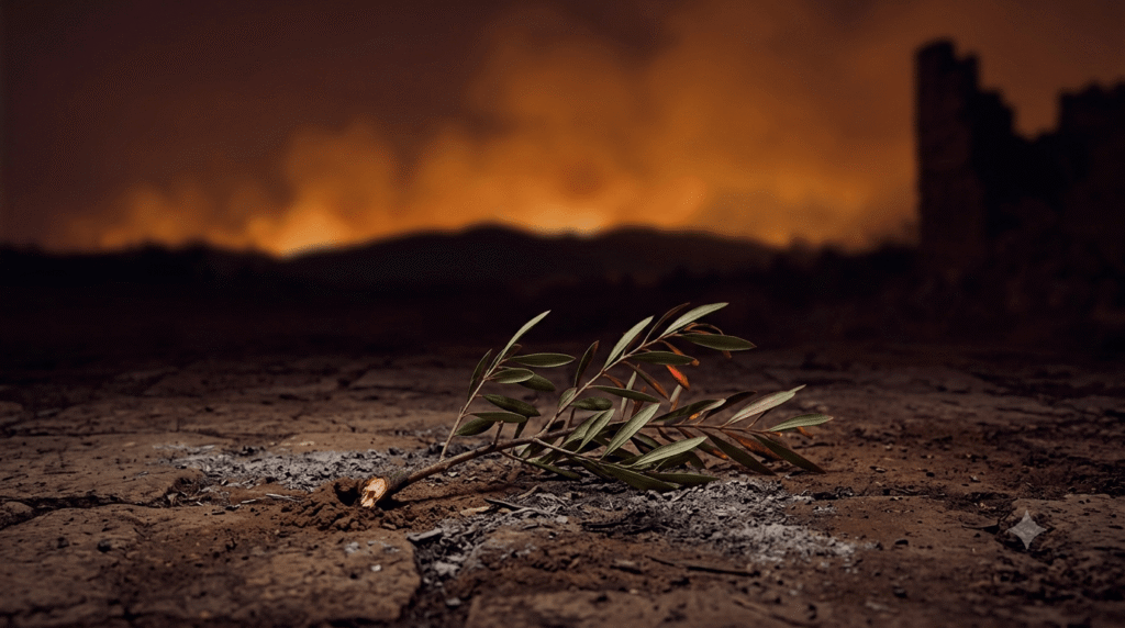 A freshly cut olive branch resting on ash-covered ground with distant burning ruins of Carthage at night
