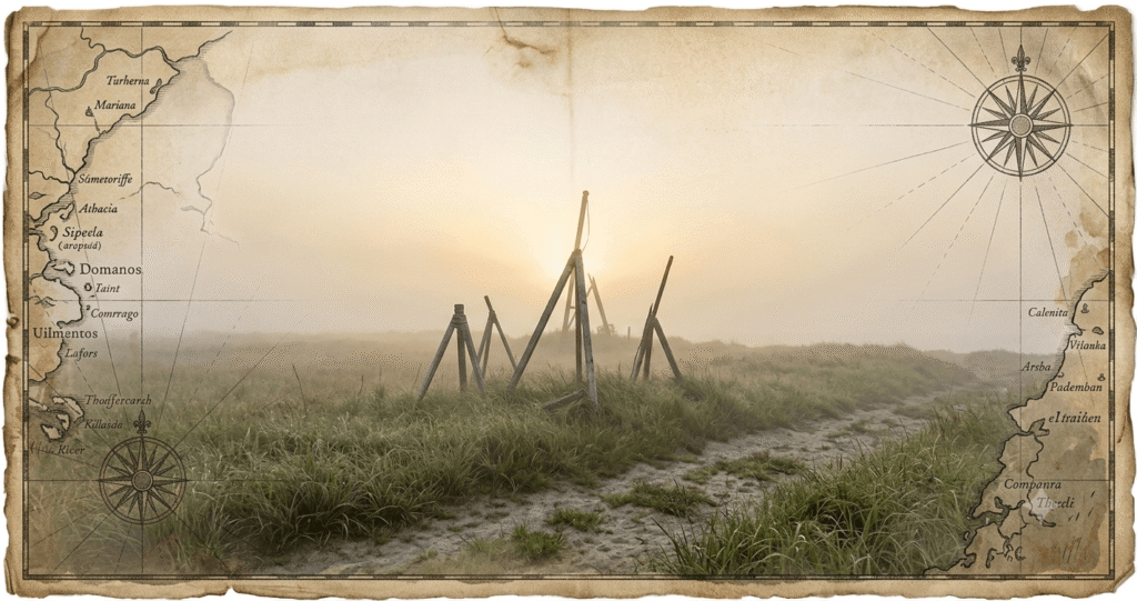 A realistic photographic depiction of a desolate foggy field layered over an vintage map with a broken wooden flagpole in the distance under faint morning light.