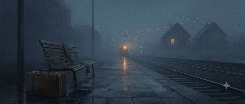 A foggy train platform at dawn featuring an old suitcase beside an empty bench, a distant amber headlight, and two identical houses in the background with one window lit.