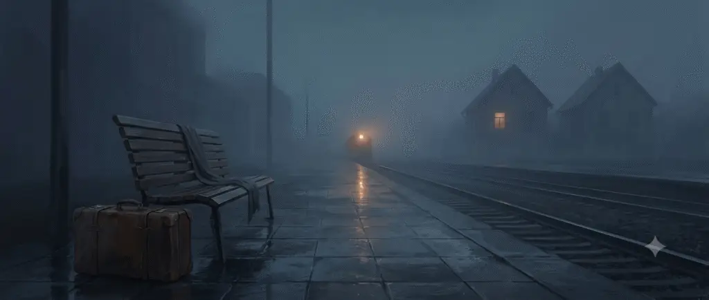 A foggy train platform at dawn featuring an old suitcase beside an empty bench, a distant amber headlight, and two identical houses in the background with one window lit.