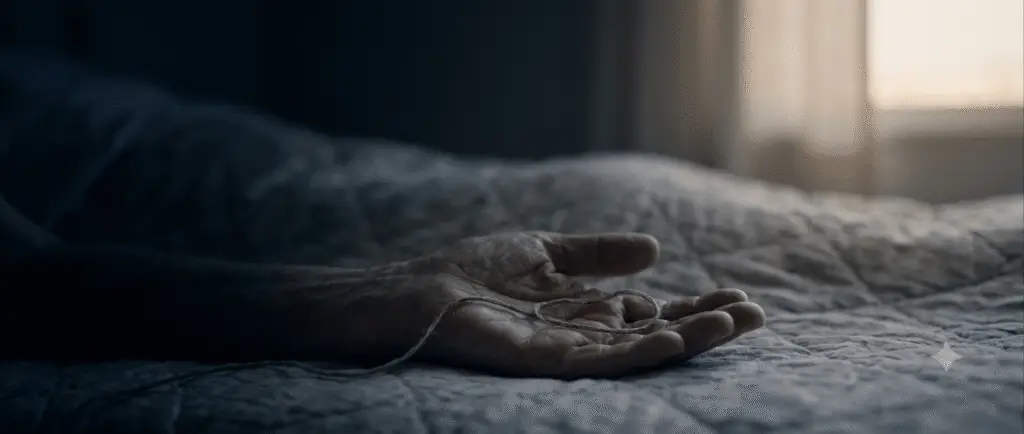 An open elderly hand resting on a quilted bedsheet in a dimly lit room, gently releasing a single faded thread as soft amber dawn light filters through the window.