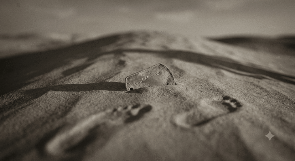 A partially buried metal identification tag lies in the sand of a desert dune, with the faded engraving 'L...CAS...ER' clearly in focus. A long shadow of a passing person and blurry footprints cross the sand, illustrating how a name outlasts a face and time cannot erase a life.