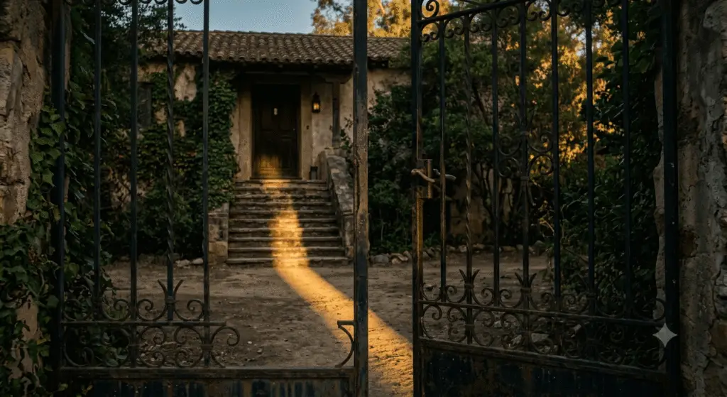Half-open rusty iron gate with evening golden sunlight shining through onto stone steps of an old Chilean estate, illustrating inheritance and trauma in Isabel Allende's House of the Spirits.