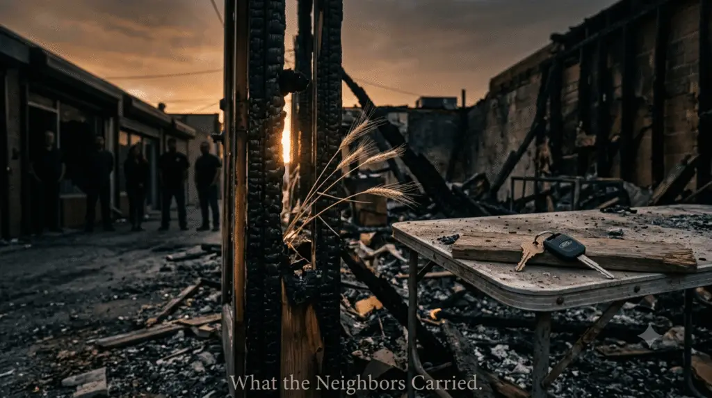 A low-angle photo of a burned-out storefront alley in Las Vegas at dusk. Sunlight filters through a charred wooden frame in the foreground. Beside the debris, a folding table holds a door key and a truck key. In the background, blurred silhouettes of neighbors stand at their doorways looking toward the ruined building in quiet solidarity. Stalks of wheat are caught in the ashes.