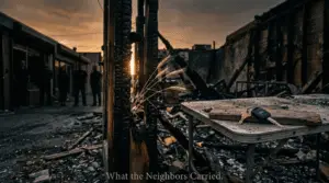 A low-angle photo of a burned-out storefront alley in Las Vegas at dusk. Sunlight filters through a charred wooden frame in the foreground. Beside the debris, a folding table holds a door key and a truck key. In the background, blurred silhouettes of neighbors stand at their doorways looking toward the ruined building in quiet solidarity. Stalks of wheat are caught in the ashes.