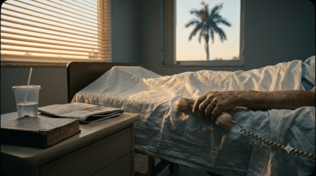 Cinematic close-up in a Florida hospital, showing a weathered hand holding a corded telephone over a bedsheet in golden hour light, referencing Leo Schofield’s call to Jeremy Scott in the Bone Valley case.
