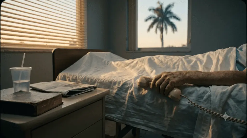 Cinematic close-up in a Florida hospital, showing a weathered hand holding a corded telephone over a bedsheet in golden hour light, referencing Leo Schofield’s call to Jeremy Scott in the Bone Valley case.