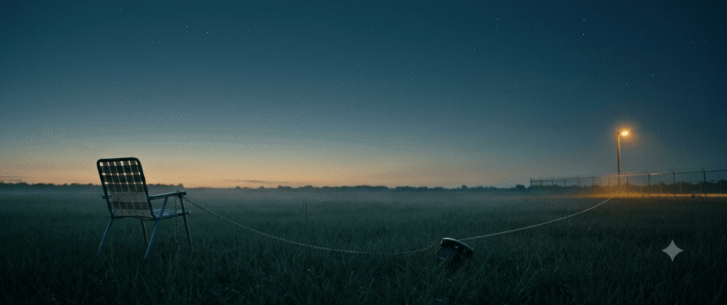 An empty lawn chair in a Florida field connected by a long telephone cord to a distant prison fence under blue hour sky