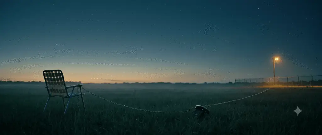 An empty lawn chair in a Florida field connected by a long telephone cord to a distant prison fence under blue hour sky
