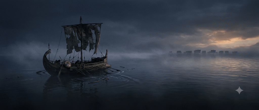 An abandoned ancient wooden galley floating alone on foggy calm waters at dawn after a naval battle.