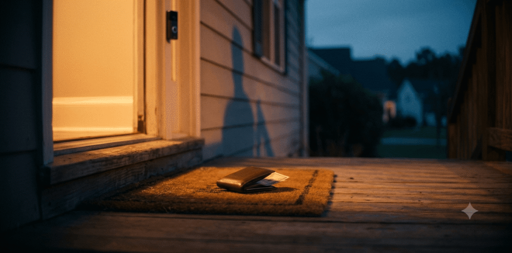 A lost leather wallet with cash left on a suburban front porch mat at dusk, near a ring doorbell camera.