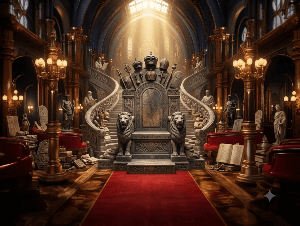 A majestic, opulent grand hall throne room with a central stone throne guarded by two roaring lion statues, a sweeping double staircase, and classical sculptures, illuminated by golden light from a high skylight.
