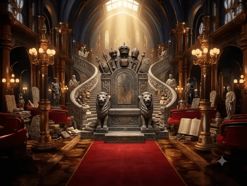 A majestic, opulent grand hall throne room with a central stone throne guarded by two roaring lion statues, a sweeping double staircase, and classical sculptures, illuminated by golden light from a high skylight.