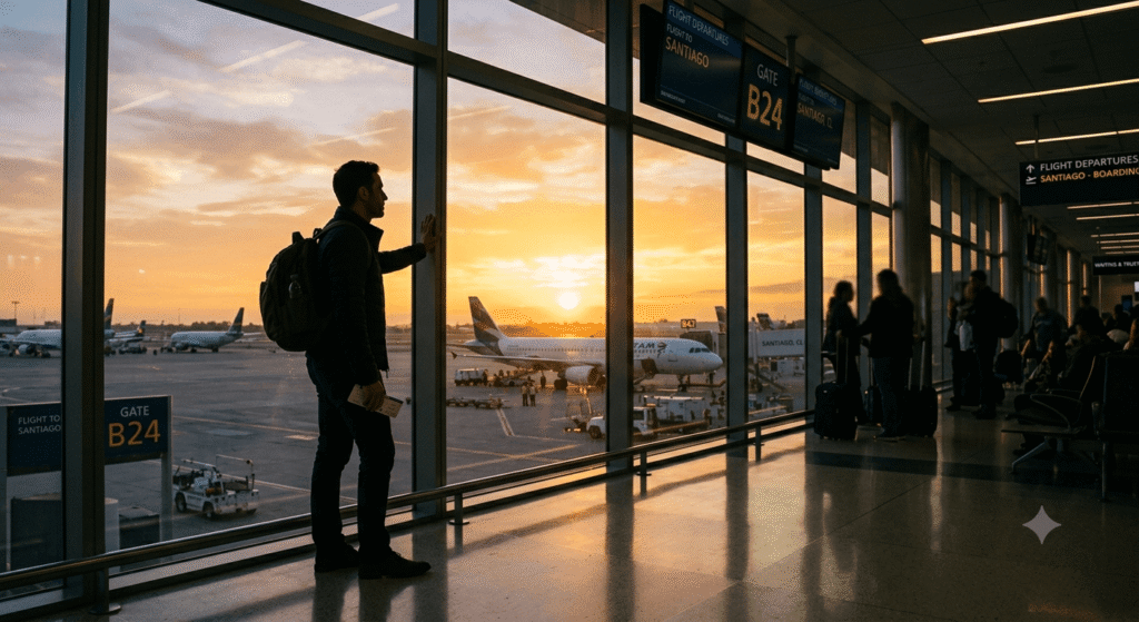 Silhouette of a man looking out a large airport terminal window at a deep orange sunset.