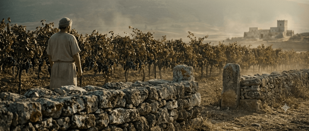 Ancient vineyard in Jezreel Valley with a stone terrace wall and royal palace in the distant background