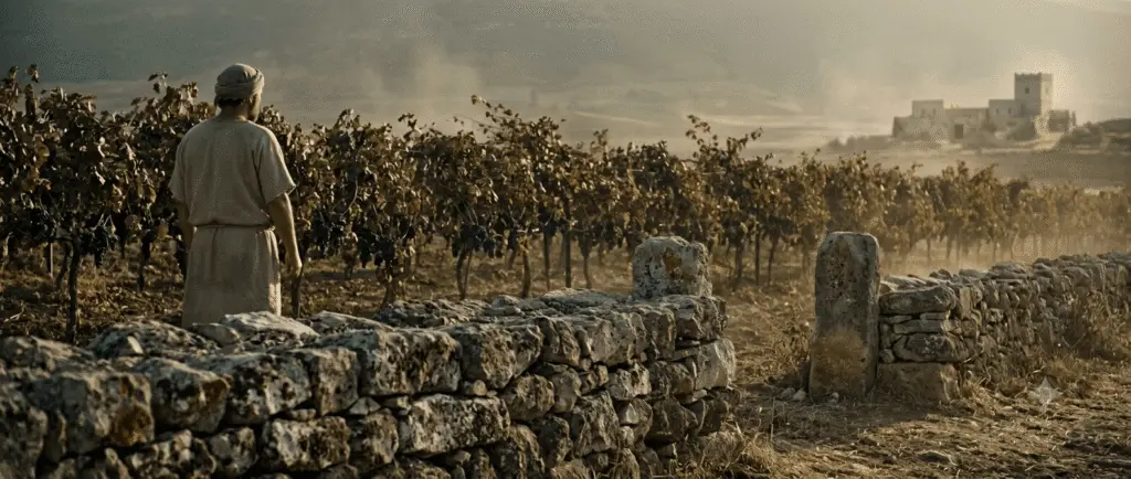 Ancient vineyard in Jezreel Valley with a stone terrace wall and royal palace in the distant background