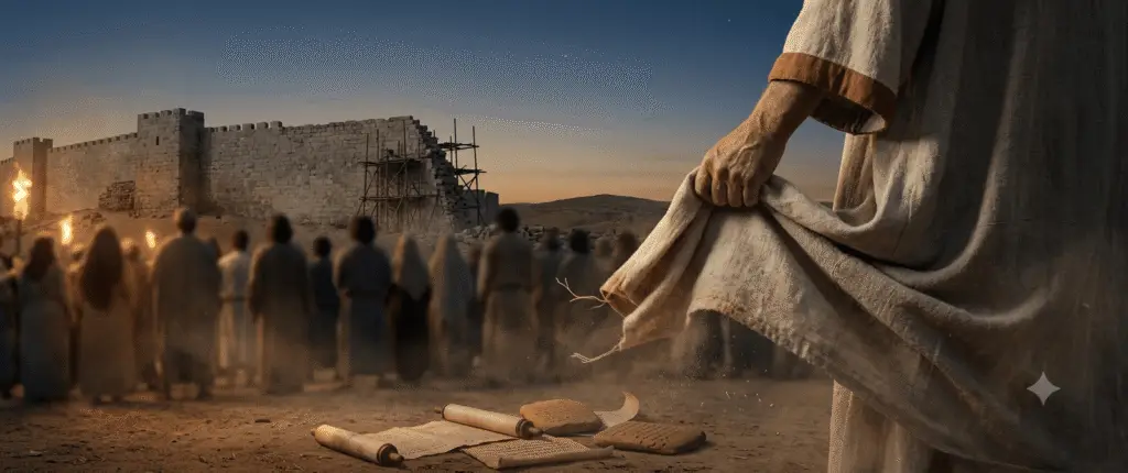 A weathered hand shaking out a linen robe over debt scrolls before an ancient unfinished hill city wall at dusk.