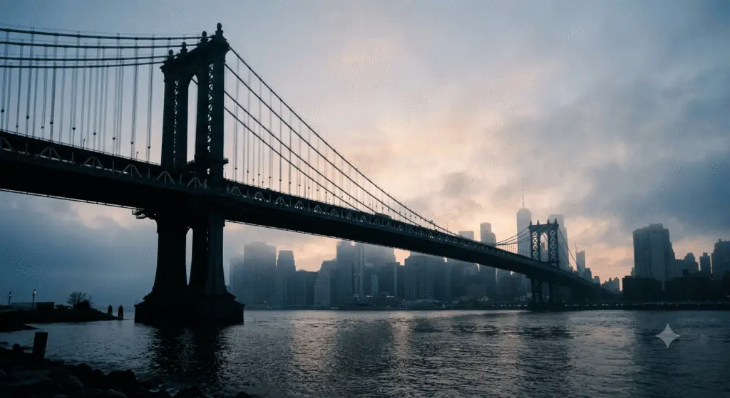 Silhouette of Manhattan Bridge over the East River in misty dawn light with New York City skyline in background
