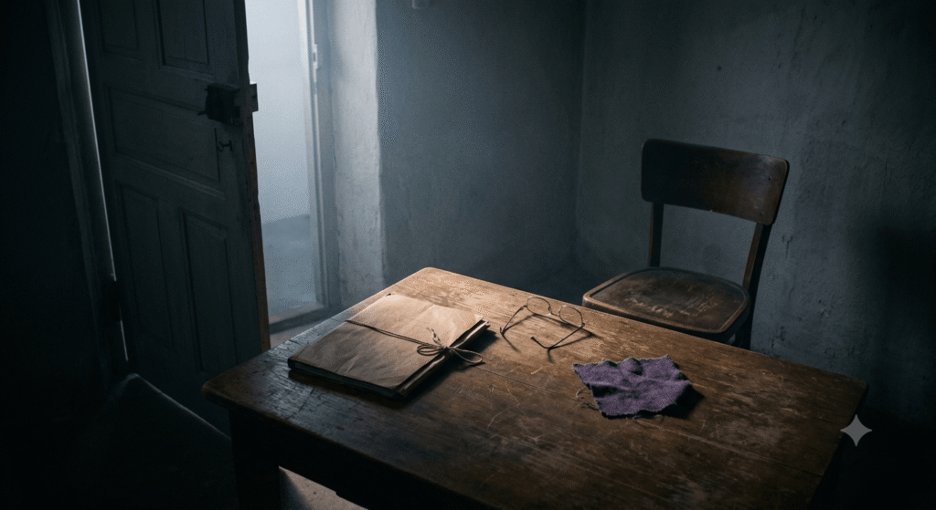 A wooden table with a closed folder, reading glasses, and a piece of cloth lit by dawn light through a half-open door, symbolizing restraint in political history.