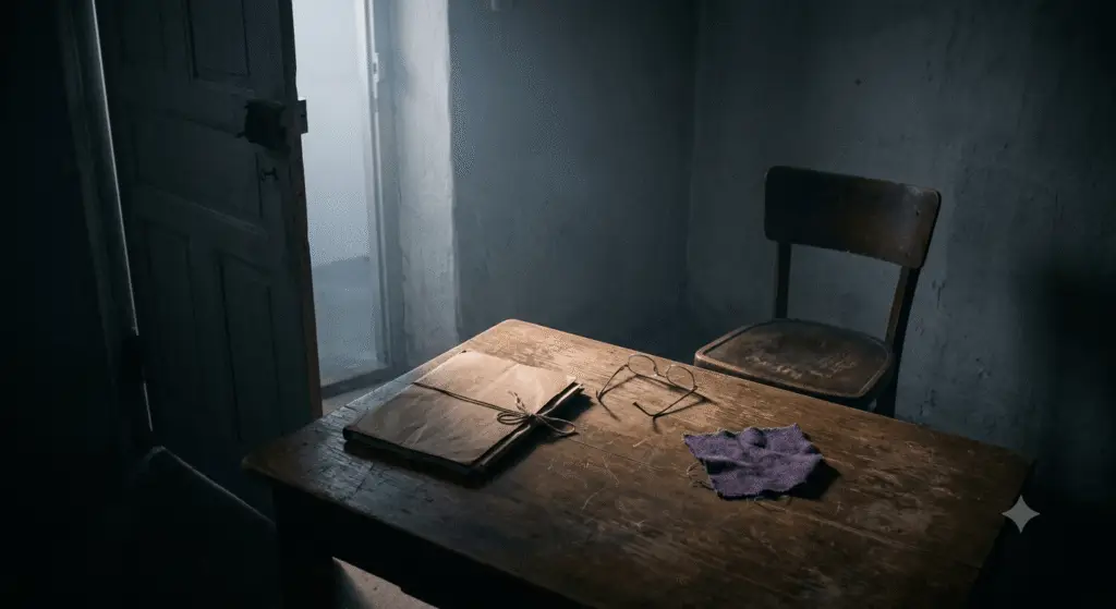 A wooden table with a closed folder, reading glasses, and a piece of cloth lit by dawn light through a half-open door, symbolizing restraint in political history.