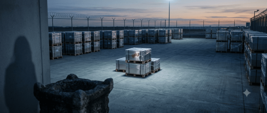 A single sealed stainless steel box with a fresh red stamp in a customs warehouse at dawn, with an ancient stone altar shadow out of focus.