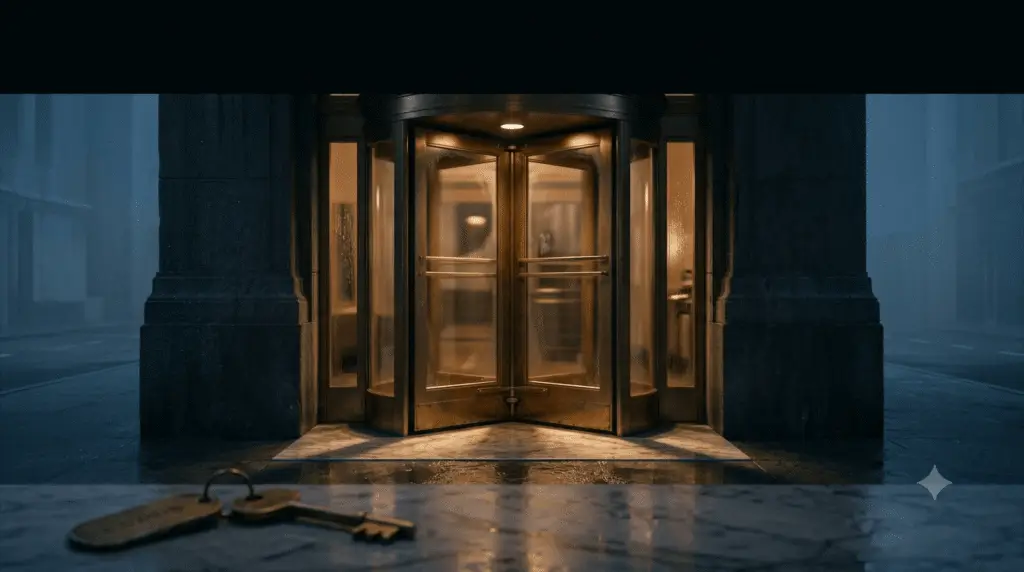 A heavy brass revolving door of a grand hotel caught mid-rotation at dawn, reflecting amber light onto a wet marble threshold with a forgotten brass key.