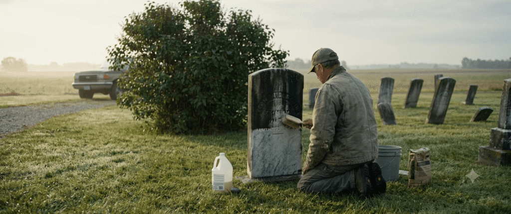 A volunteer wearing a canvas jacket kneels and cleans an old, weathered black marble headstone with a soft brush, revealing a pale clean surface below. A lilac bush, a bucket of supplies, and a pickup truck sit nearby in a misty Michigan cemetery at sunrise.