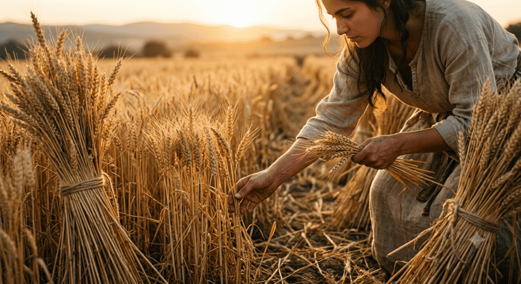 Close-up of Ruth's hands gleaning standing stalks of wheat deliberately left in a harvested field at golden hour, illustrating the biblical concept of leaving a margin for the poor.