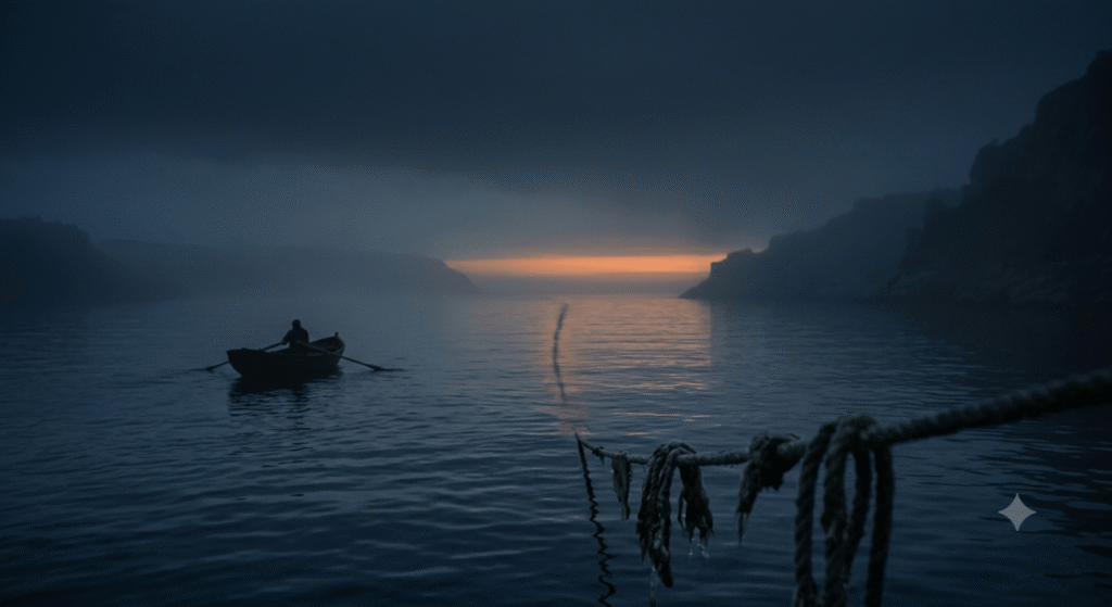 A lonely silhouette of a wooden rowboat navigating a narrow misty strait at dawn with dark cliff outlines and a subtle orange horizon.