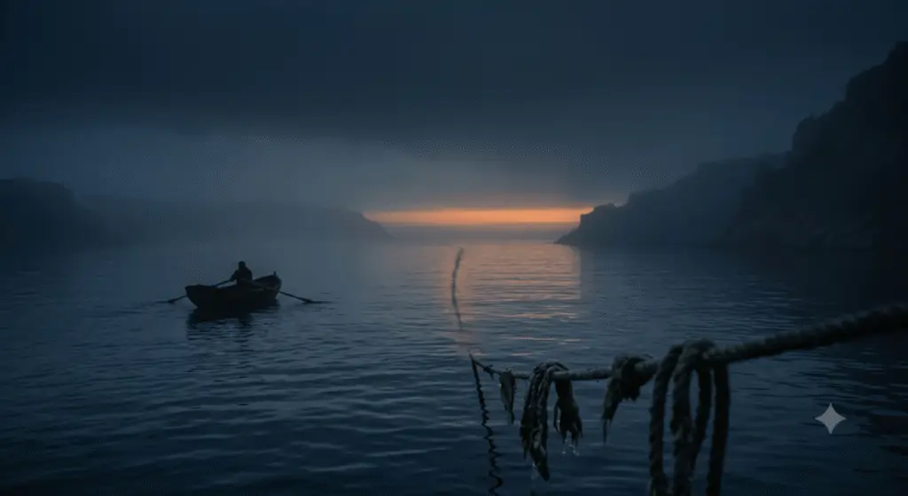 A lonely silhouette of a wooden rowboat navigating a narrow misty strait at dawn with dark cliff outlines and a subtle orange horizon.