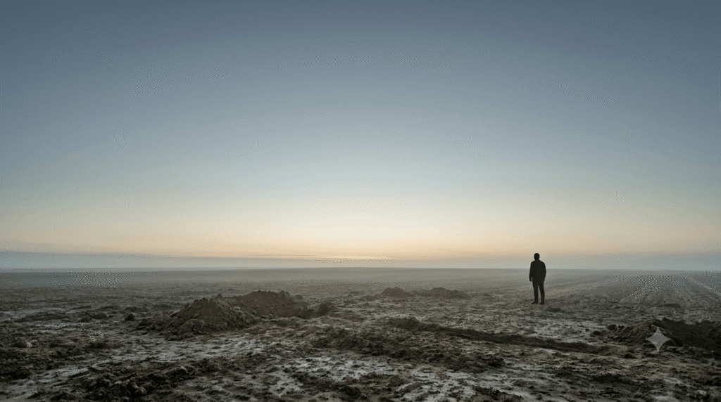 A solitary human silhouette standing on a vast, empty battlefield plain at pre-dawn, looking toward a pale gold horizon.