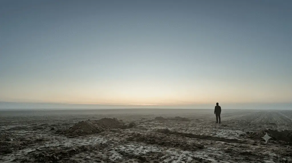 A solitary human silhouette standing on a vast, empty battlefield plain at pre-dawn, looking toward a pale gold horizon.