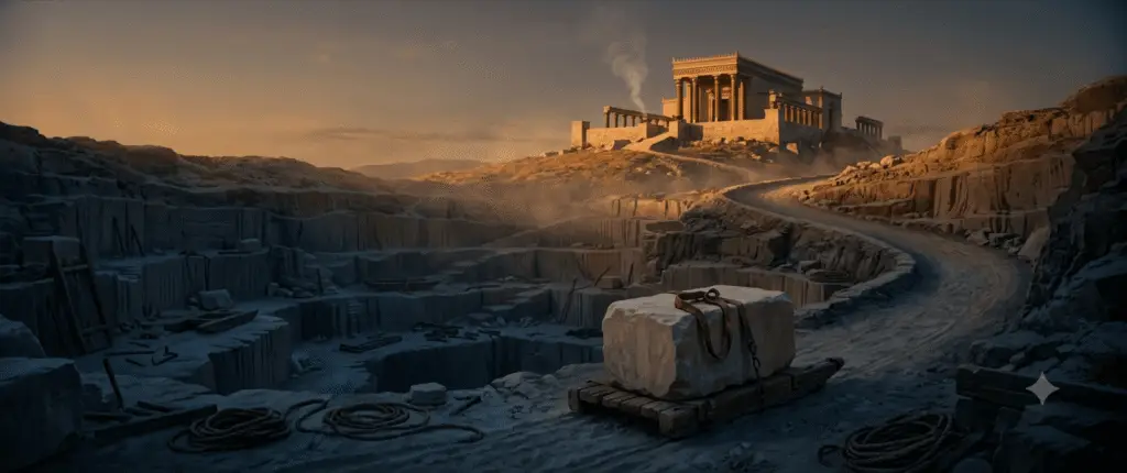 Cinematic view of an ancient Near Eastern temple on a golden-lit hill above a vast stone quarry in deep shadow with a limestone block on a sledge.