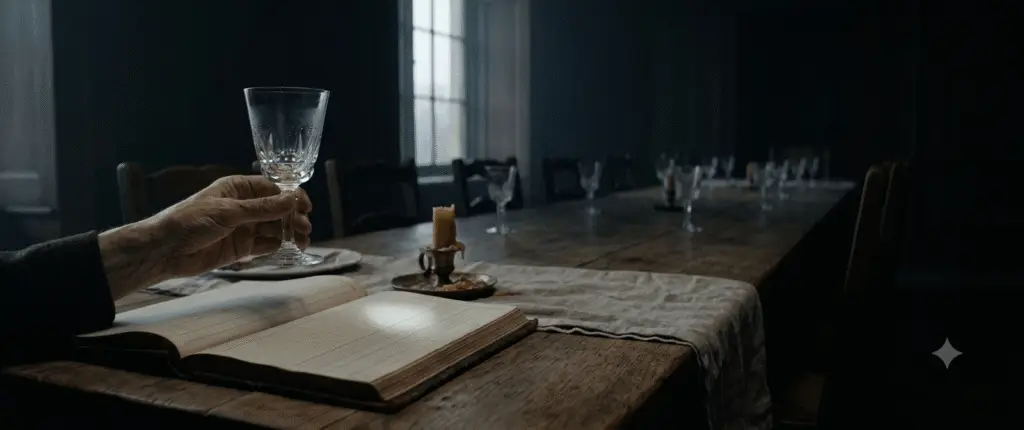 An elderly hand holding a raised crystal glass over an open ledger with empty columns on a long wooden dining table in a dim room.