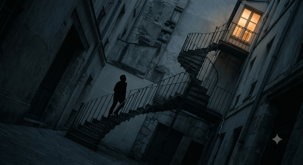 A low-angle view of a dark narrow alley with a steel spiral staircase leading up to a single glowing warm window at the top, featuring a tiny silhouette of a person on the steps.