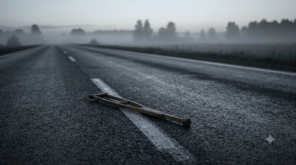 A single weathered wooden crutch lying on a wet, empty asphalt road in the slow lane during a cold dawn, symbolizing recovery and resilience after tragedy.