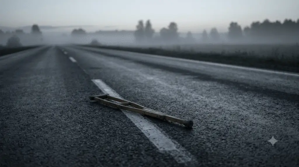 A single weathered wooden crutch lying on a wet, empty asphalt road in the slow lane during a cold dawn, symbolizing recovery and resilience after tragedy.