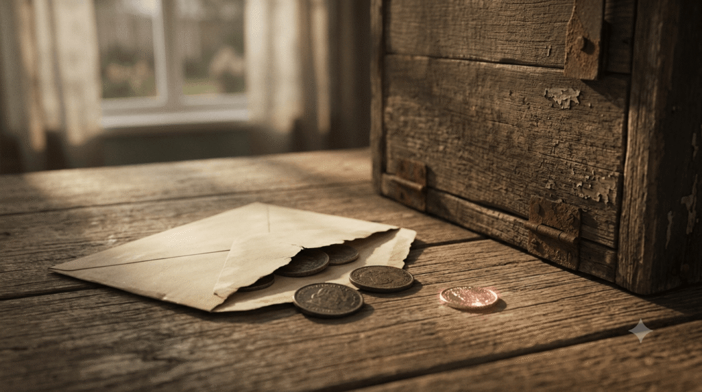 A half-open envelope with old coins spilled on a rustic wooden table beside a vintage mailbox in soft morning light