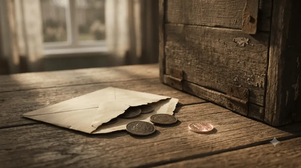 A half-open envelope with old coins spilled on a rustic wooden table beside a vintage mailbox in soft morning light